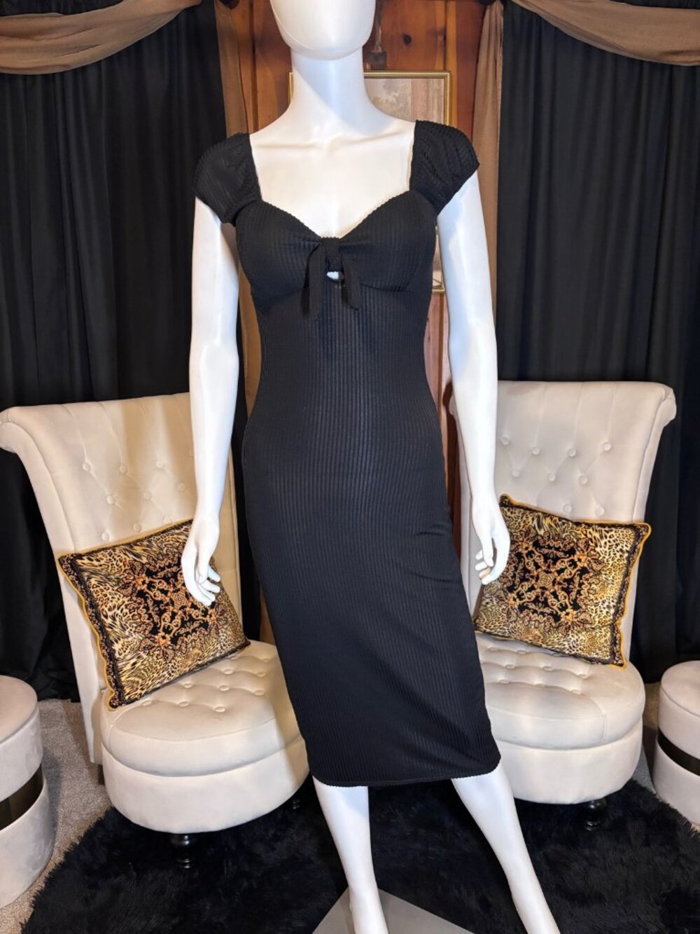No Boundaries Juniors S 3-5 Black Ribbed Tie Front Midi Bodycon Dress Retro NWOT
